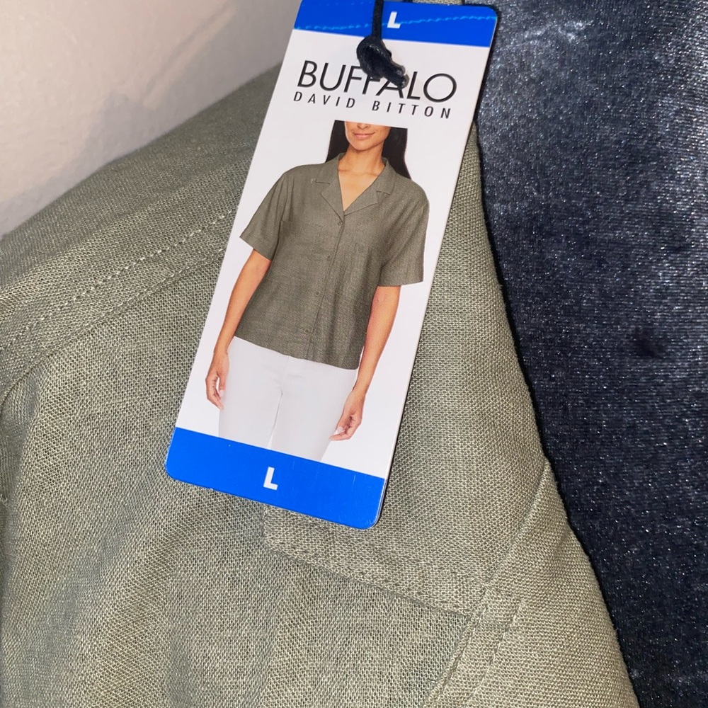 Buffalo David Bitton Olive Short Sleeve Linen Blend Button-Front Women's Shirt